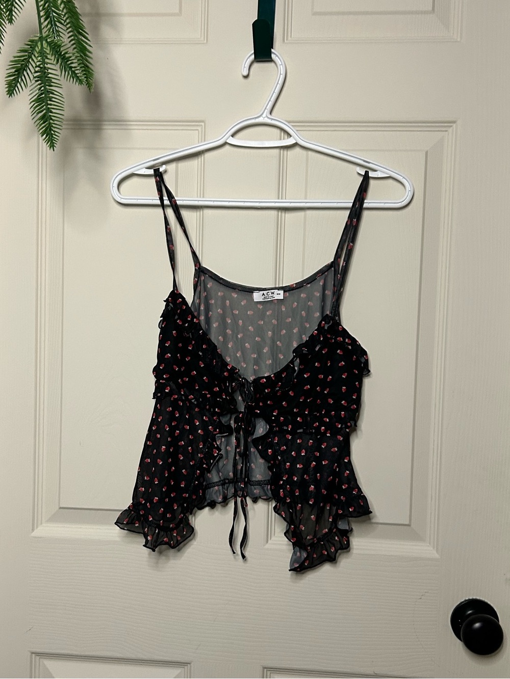 Sheer Floral Tie-Front Cami Top - Black with Red Strawberry Accents